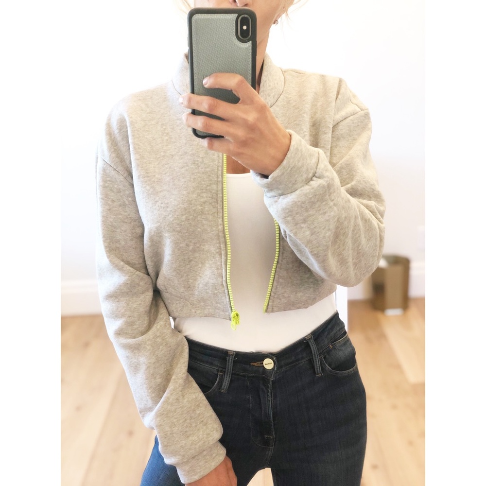 KIEV Gray Cropped Fleece Zip Up Jacket w Neon - Picture 2 of 6